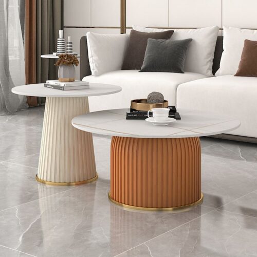 Modern Cream Round Coffee Table Set with Faux Marble Top and Fluted Base - Coffee table - QONKA HOME