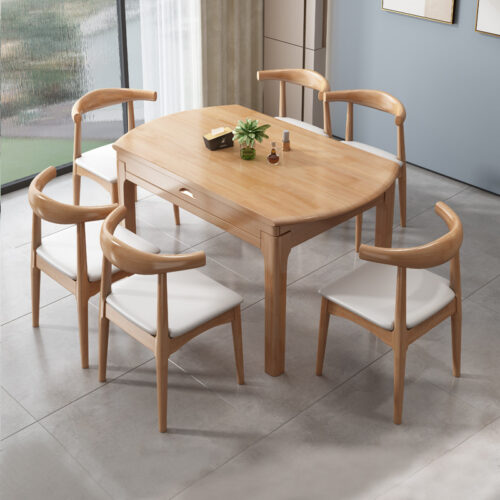 Extendable Solid Rubber Wood Dining Table Convertible Oval & Rectangular Wooden Dining Table Space Saving for Home Ap...