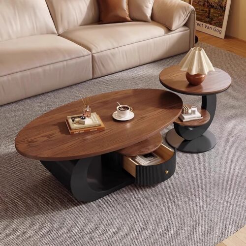 Oval Cream Curved Frame Wooden Coffee Table With Storage Drawer - Coffee table - QONKA HOME