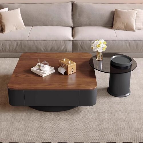 Storage Square Coffee Table With Drawers & Glass Side Table Set - Coffee table - QONKA HOME