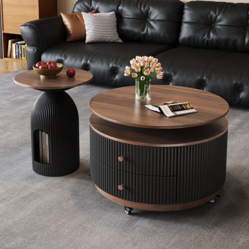 French Walnut Coffee Table Set  with Fluted Storage Drawer - Coffee table - QONKA HOME