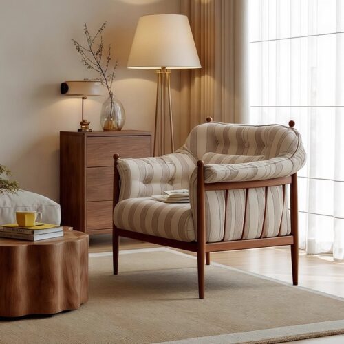 Striped Fabric Mid-Century Leisure Chair - Living room furniture - QONKA HOME