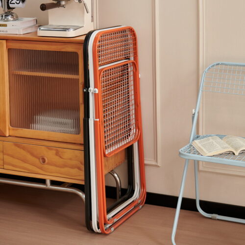 Grid Metal Folding Dining Chair Breathable Iron Mesh Side Chair Portable Stackable Leisure Chair for Balcony Cafe Home - D...