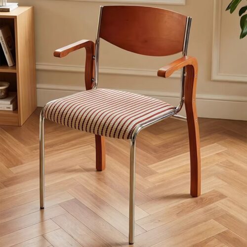 Armrest Dining Chair Q195 Carbon Steel Frame Multi‑layer Solid Wood Back Padded Seat Side Chair for Home Office Cafe - D...