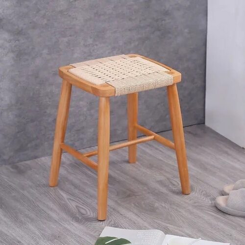 Rubber Wood Stool Hand‑Woven Rope Seat Solid Wood Square Side Stool Dining Bar Stool for Home Kitchen Living Room - Dini...