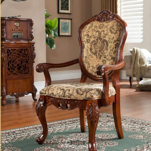 Vintage Carved Rubber Wood Arm Dining Chair Floral Fabric Upholstered Side Chair for Dining Room Hotel - Dining chair - QO...