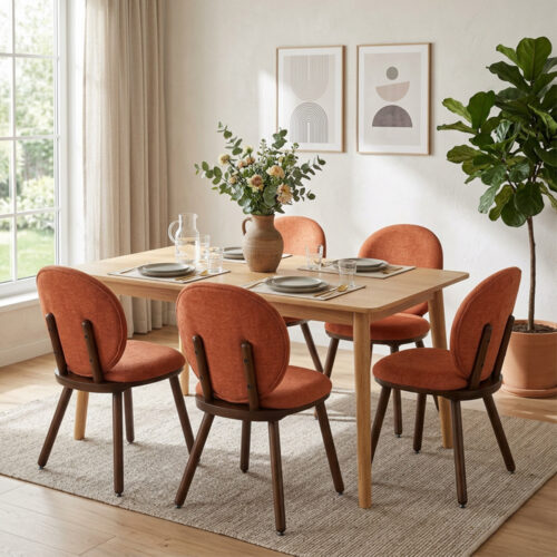 Modern Round Back Dining Chair Chenille Fabric Upholstered Side Chair with Solid Rubber Wood Legs for Home Kitchen - Dinin...