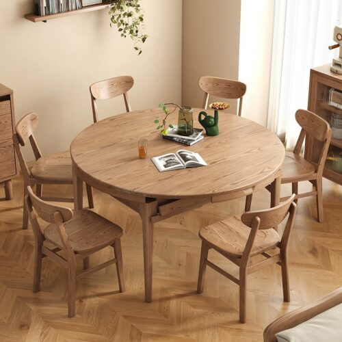 Solid Ash Wood Extendable Dining Table Round to Oval Foldable Expandable Dinner Table for Home Dining Room - Dining table ...