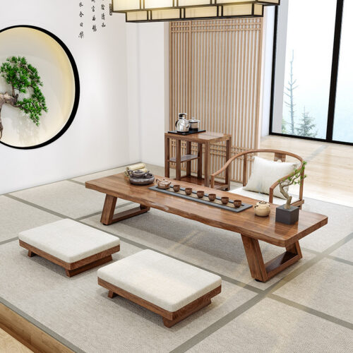 Solid Wood Japanese‑Style Tea Table Set With Chairs - Living room furniture - QONKA HOME