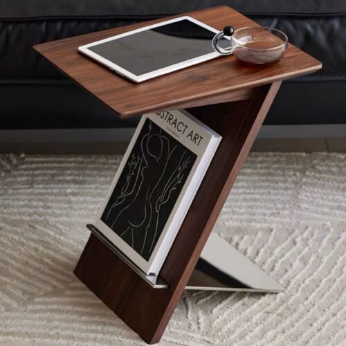 Modern Z‑Shaped Side Table Black Wood End Table With Magazine Rack Metal Base - Bedroom furniture - QONKA HOME