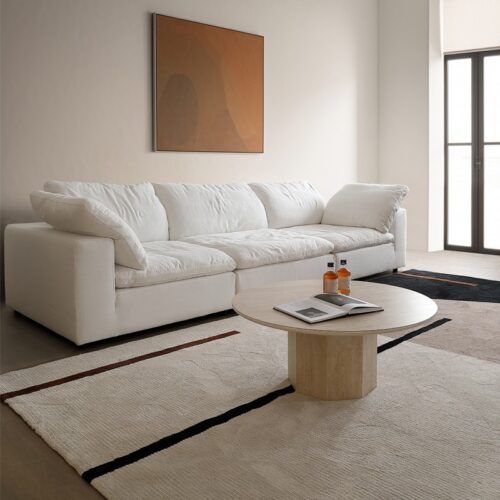 Round Sintered Stone Coffee Table Wood Veneer Base Minimalist Wabi‑Sabi Living Room Center Tea Table - Coffee table - QO...