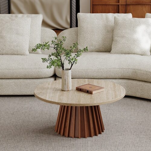Round Natural Travertine Nesting Coffee Table Set - Coffee table - QONKA HOME
