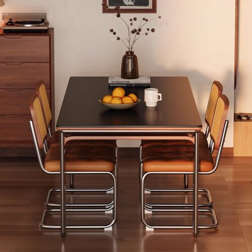 Sintered Stone Dining Table, 304 Stainless Steel Surround Frame with Ash Wood Support Plate, Rectangular Matte Rock Slab D...