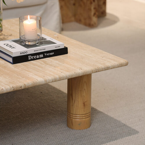 Natural Travertine Top Solid Wood Leg Coffee Table Rectangular Real Stone Center Table - Coffee table - QONKA HOME