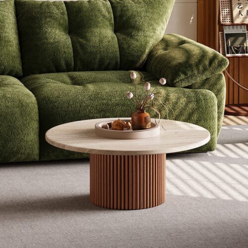 Round Natural Travertine Coffee Table With Fluted walnut Wood Base &side table - Coffee table - QONKA HOME