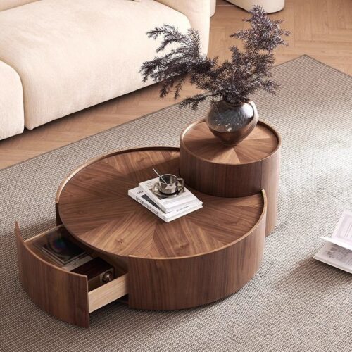 Round Nesting Coffee Table Set walnut Wood Veneer Coffee Table with Drawer - Coffee table - QONKA HOME