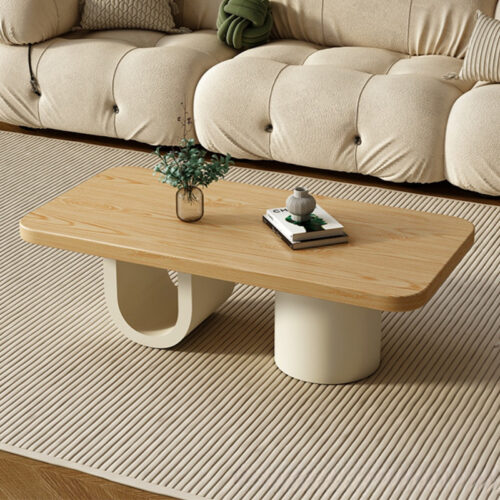 Solid Wood Rectangular Coffee Table Cream U‑Shape & Cylinder Base Minimalist Modern Center Table - Coffee table - Q...