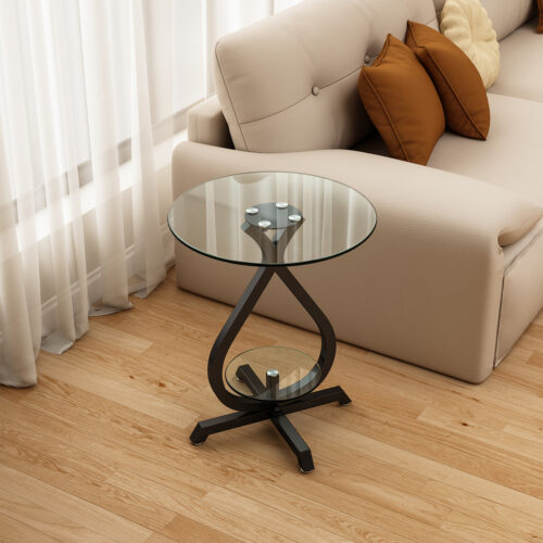 Round Smoked Glass Side Table Teardrop‑Shaped Metal Frame 2‑Tier End Table - Bedside table - QONKA HOME