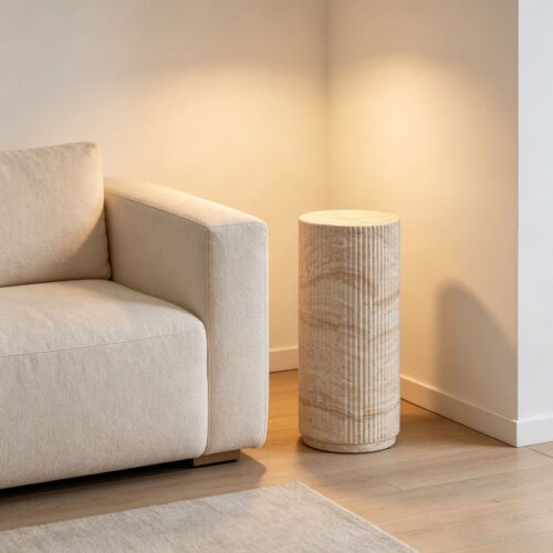 Round Coffee Table & Roman Column Side End Table With Faux Travertine Texture - Coffee table - QONKA HOME