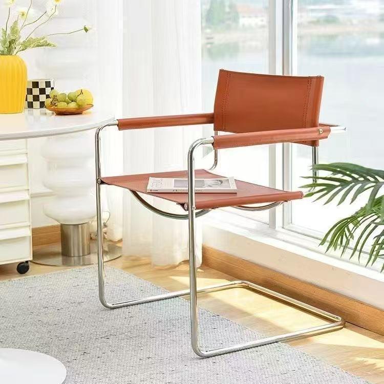 Modern Cantilever Dining Chair Stainless Steel Frame Saddle Leather Upholstered Arm Chair - Dining chair - QONKA HOME