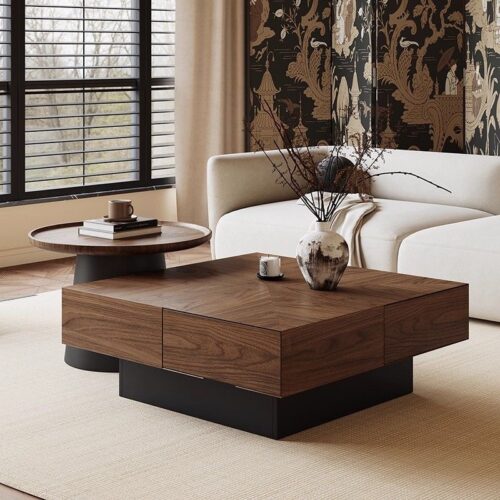 Mid‑Century Solid Wood Square Coffee Table Set With Drawers Walnut Veneer - Coffee table - QONKA HOME