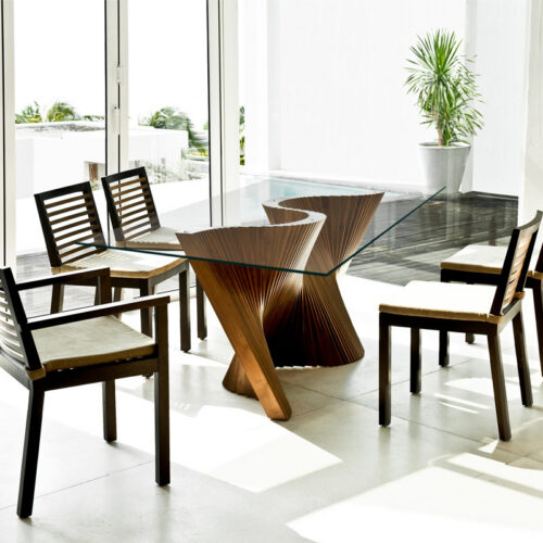 Glass Top Dining Table Sculptural Pleated Solid Wood Base Modern Art Rectangular Dining Table for Home Dining Room - Dinin...
