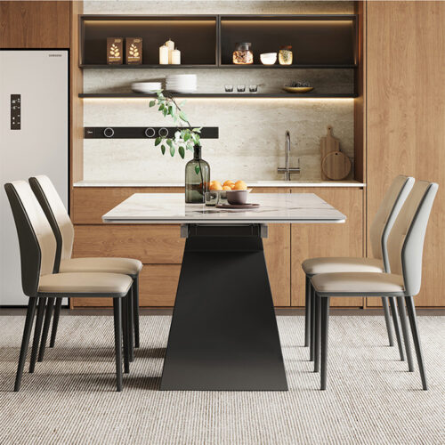 Extendable Sintered Stone Dining Table Retractable Foldable Tabletop Carbon Steel Geometric Base Modern Rectangular Dining...