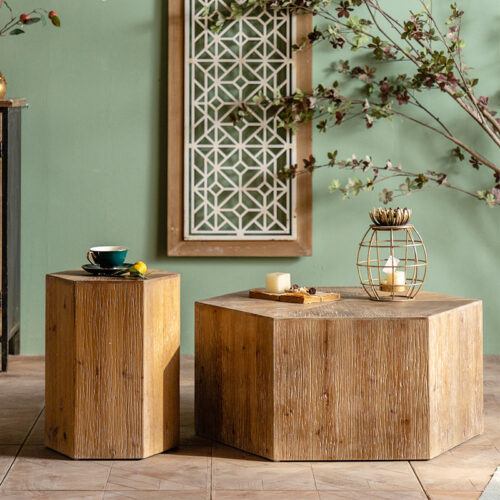 Rustic Distressed Wood Center Table Hexagonal Trapezoidal Rectangular - Coffee table - QONKA HOME