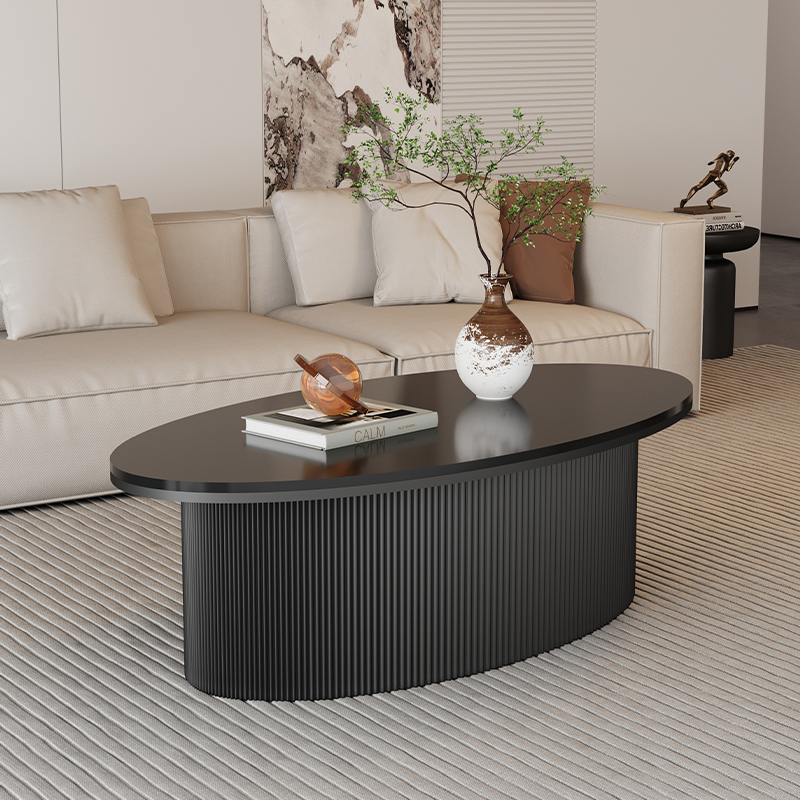 Oval Sintered Stone Coffee Table Black Fluted Wave Pedestal - Coffee table - QONKA HOME