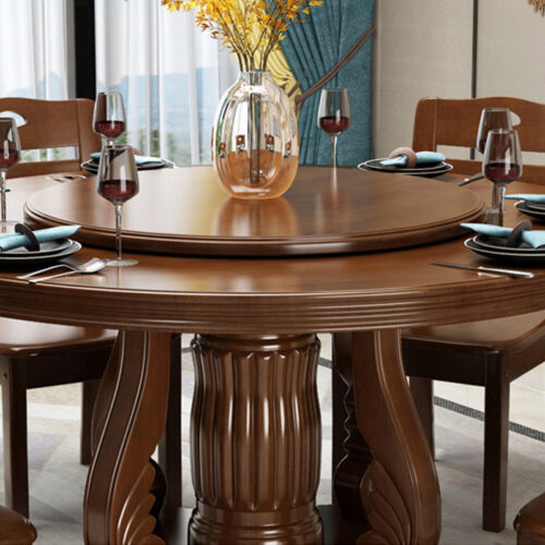 Round Solid Rubber Wood Dining Table with Rotating Lazy Susan Pedestal Base Traditional Farmhouse Dining Table for Family ...