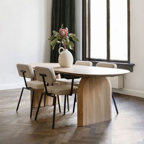 Oval Solid Pine Dining Table Double Arch Panel Base Minimalist Japandi Solid Wood Dining Table - Dining table - QONKA HOME