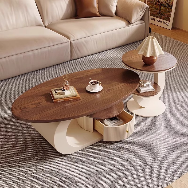 Oval Cream Curved Frame Wooden Coffee Table With Storage Drawer - Coffee table - QONKA HOME