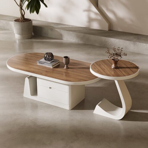 Mid-century Walnut  Oval Coffee Table With Drawers & Side Table Set - Coffee table - QONKA HOME