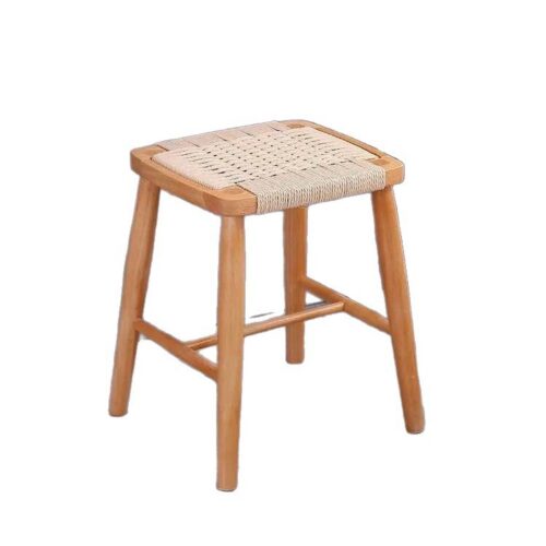 Rubber Wood Stool Hand‑Woven Rope Seat Solid Wood Square Side Stool Dining Bar Stool for Home Kitchen Living Room - Dini...