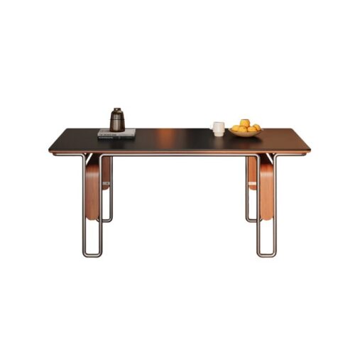 Sintered Stone Dining Table, 304 Stainless Steel Surround Frame with Ash Wood Support Plate, Rectangular Matte Rock Slab D...