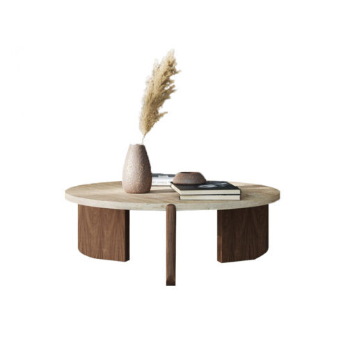 Natural Travertine round Coffee Table & Side Table Set Wabi‑Sabi Solid Wood Leg - Coffee table - QONKA HOME
