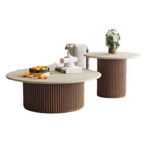 Round Coffee Table Set, Sintered Stone Top With Fluted Wood Base - Coffee table - QONKA HOME