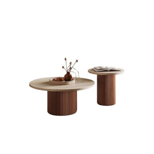 Round Natural Travertine Coffee Table With Fluted walnut Wood Base &side table - Coffee table - QONKA HOME