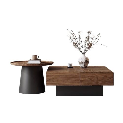 Mid‑Century Solid Wood Square Coffee Table Set With Drawers Walnut Veneer - Coffee table - QONKA HOME
