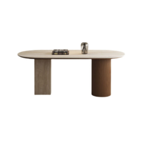 Oval Sintered Stone Dining Table, Asymmetrical Base with Travertine‑Look Panel & Fluted Wood Cylinder, Modern Rock ...