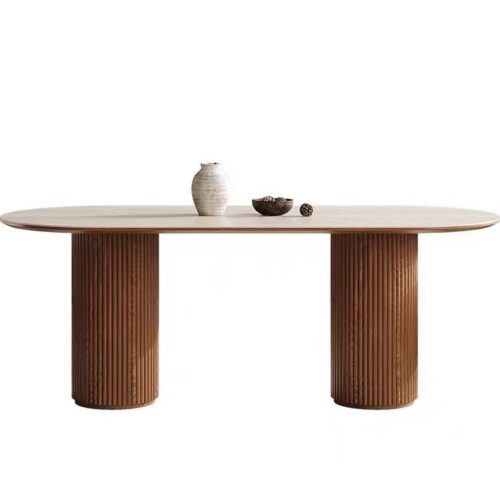 Oval Sintered Stone Dining Table Fluted Solid Wood Double Pedestal Base Modern Minimalist Dining Table for Dining Room - D...