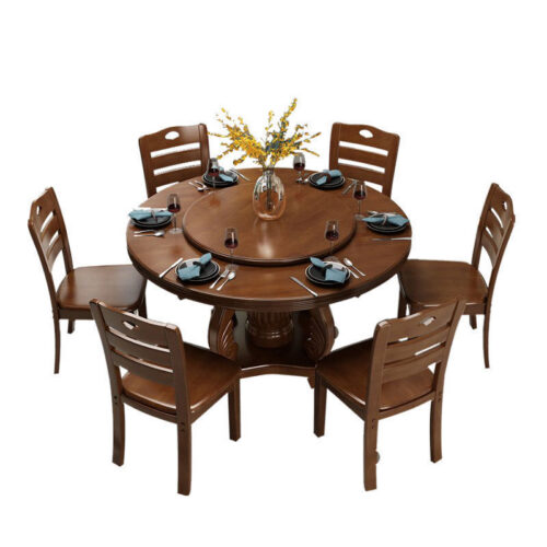 Round Solid Rubber Wood Dining Table with Rotating Lazy Susan Pedestal Base Traditional Farmhouse Dining Table for Family ...