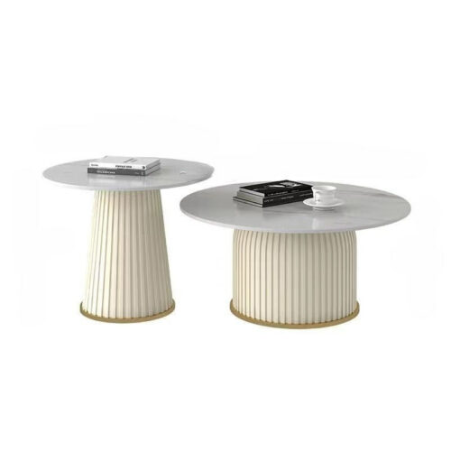 Modern Cream Round Coffee Table Set with Faux Marble Top and Fluted Base - Coffee table - QONKA HOME