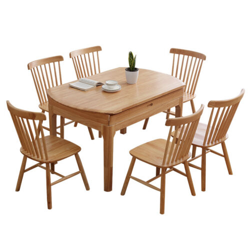 Extendable Solid Rubber Wood Dining Table Convertible Oval & Rectangular Wooden Dining Table Space Saving for Home Ap...