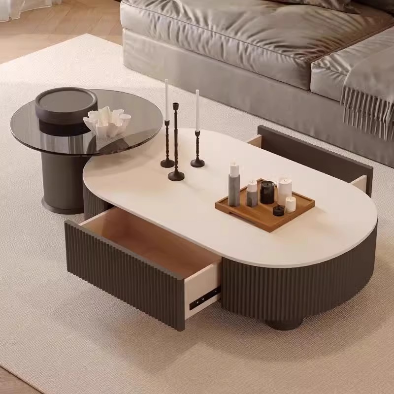Minimalist Fluted Storage Coffee Table Set With Sintered Stone Top - Coffee table - QONKA HOME