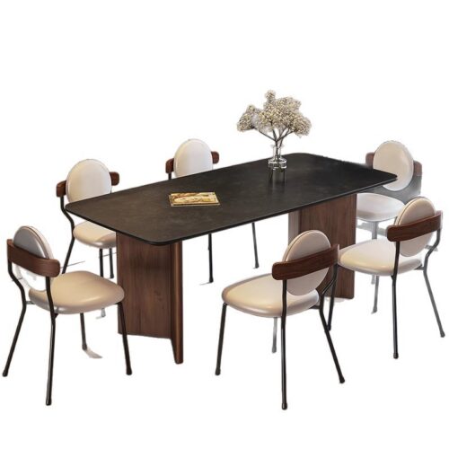 Rectangular Dining Table Sintered Stone Tabletop Solid Wood Double Trestle Base Modern Minimalist Dining Table for Home - ...