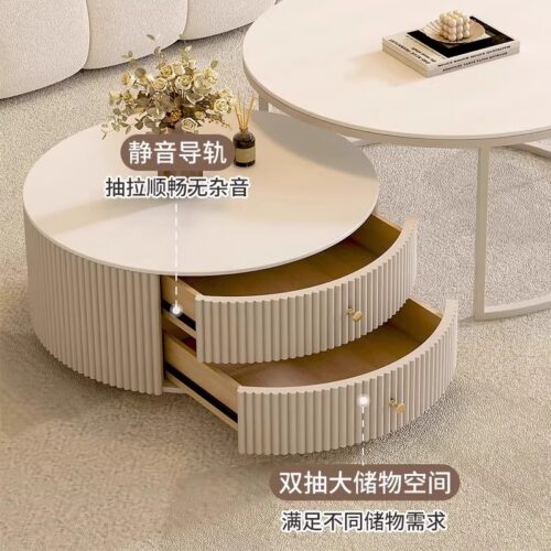 Cream Fluted Storage Round Nesting Coffee Table Set - Coffee table - QONKA HOME