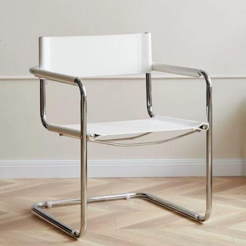 Modern Cantilever Dining Chair Stainless Steel Frame Saddle Leather Upholstered Arm Chair - Dining chair - QONKA HOME