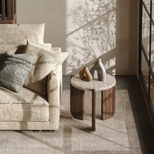 Natural Travertine round Coffee Table & Side Table Set Wabi‑Sabi Solid Wood Leg - Coffee table - QONKA HOME