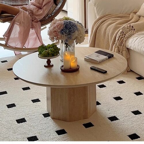 Round Sintered Stone Coffee Table Wood Veneer Base Minimalist Wabi‑Sabi Living Room Center Tea Table - Coffee table - QO...